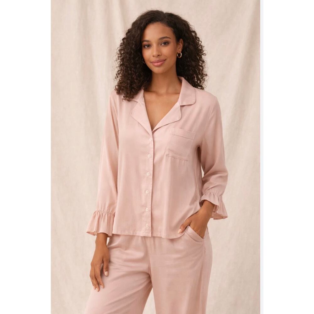Anthropologie Pink Striped Ruffle Sleep Top-Size L